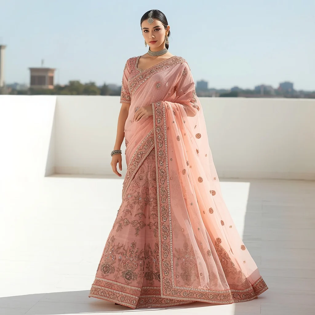 All-Over Mukaish & Thick Zari Bridal Coral Saree | Graceful Mid-Step Walk Pose | Ai Photo Editing Prompt