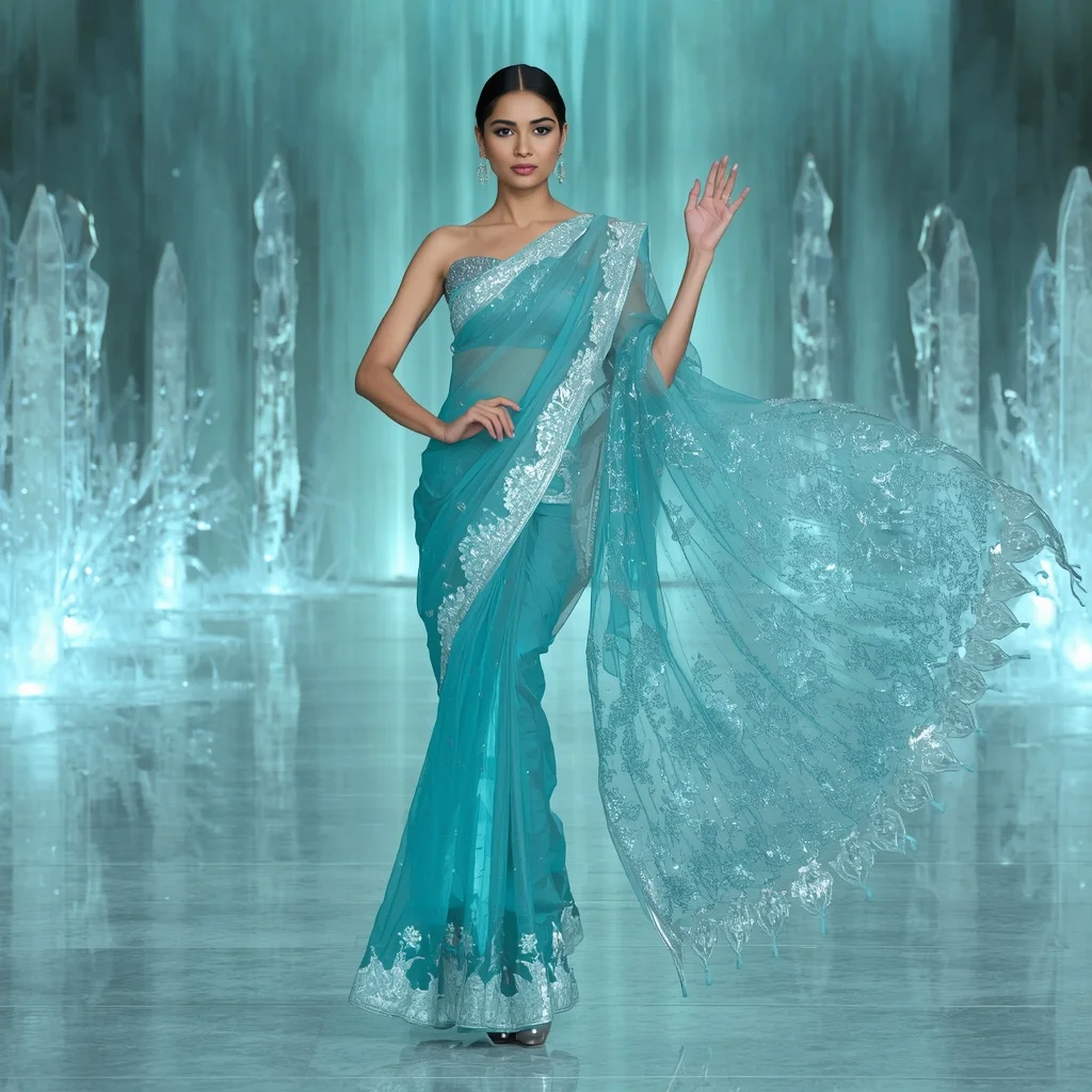 Aqua Crystal Hydrowave Surge Saree – Modern Festival Saree with Floating Flow Pose and Hydrowave Crystal Hall Background | Wedding Ai Prompt
