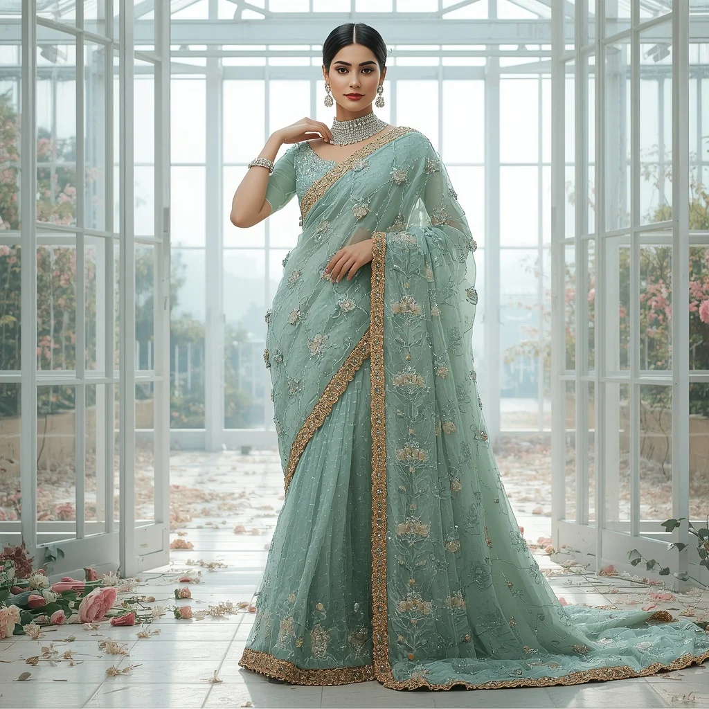 Aqua Green Sculpted Glass Bead Saree Modern Pose | Romantic Ai Prompt