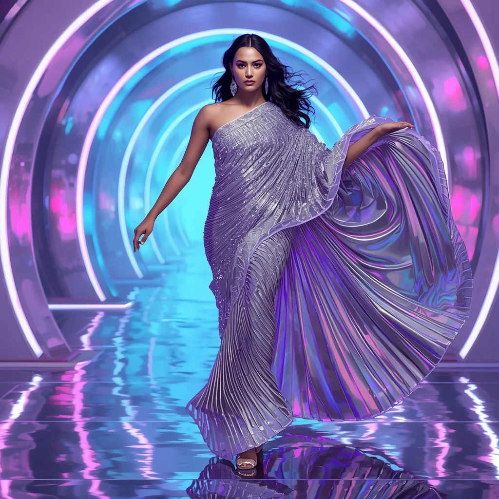 Aurora Chrome Queen Saree with Floating Neon Infinity Fortress | Traditional Saree Prompt For Instagram