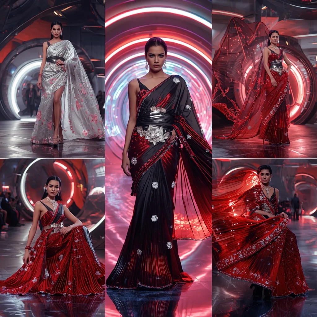 Aurora Crystal Eclipse Saree with Floating Neon Orbit Tunnels | Trending Ai Prompt