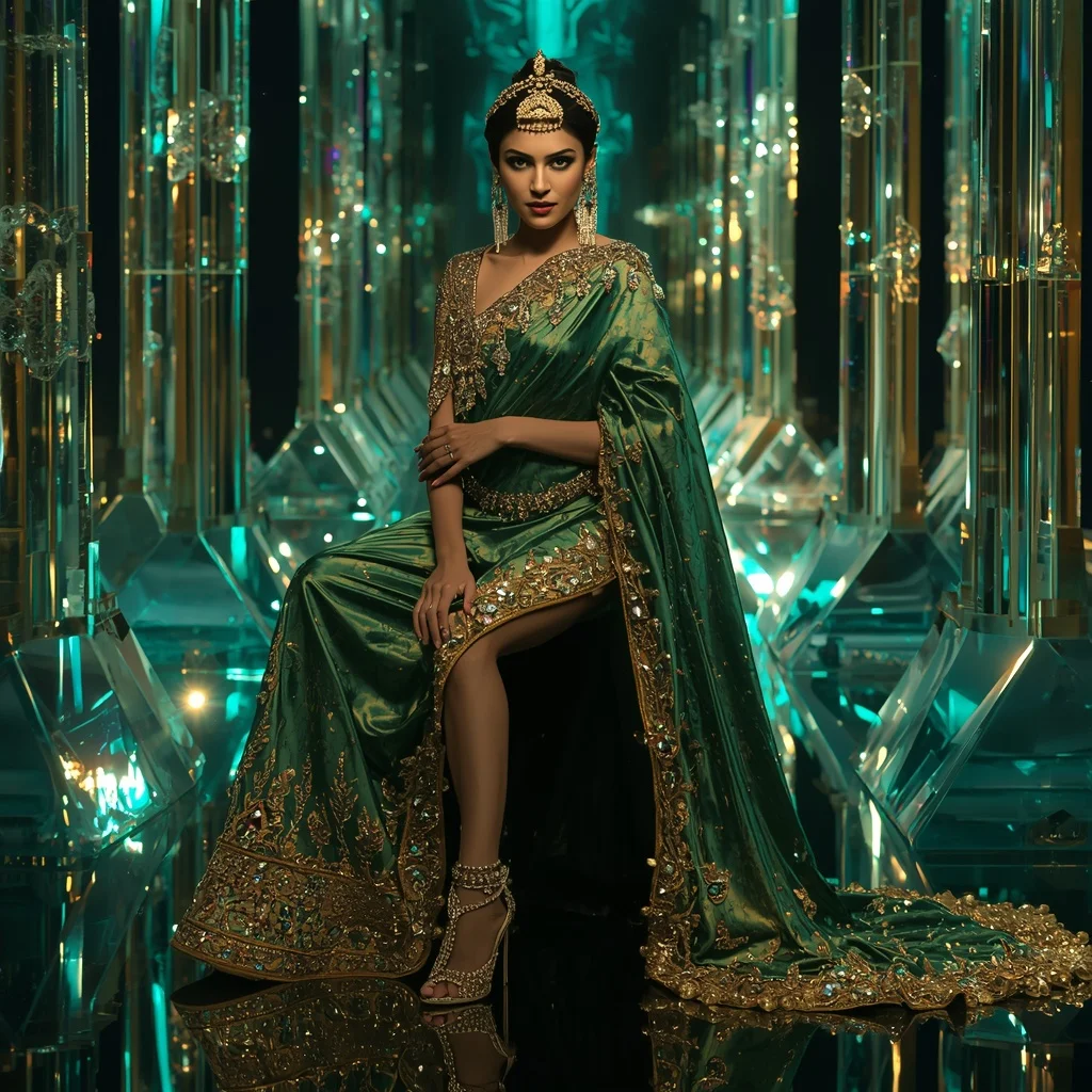 Aurora Emerald Mirage Saree with Floating Prism Crystal Cathedral | 4k Ai Prompt
