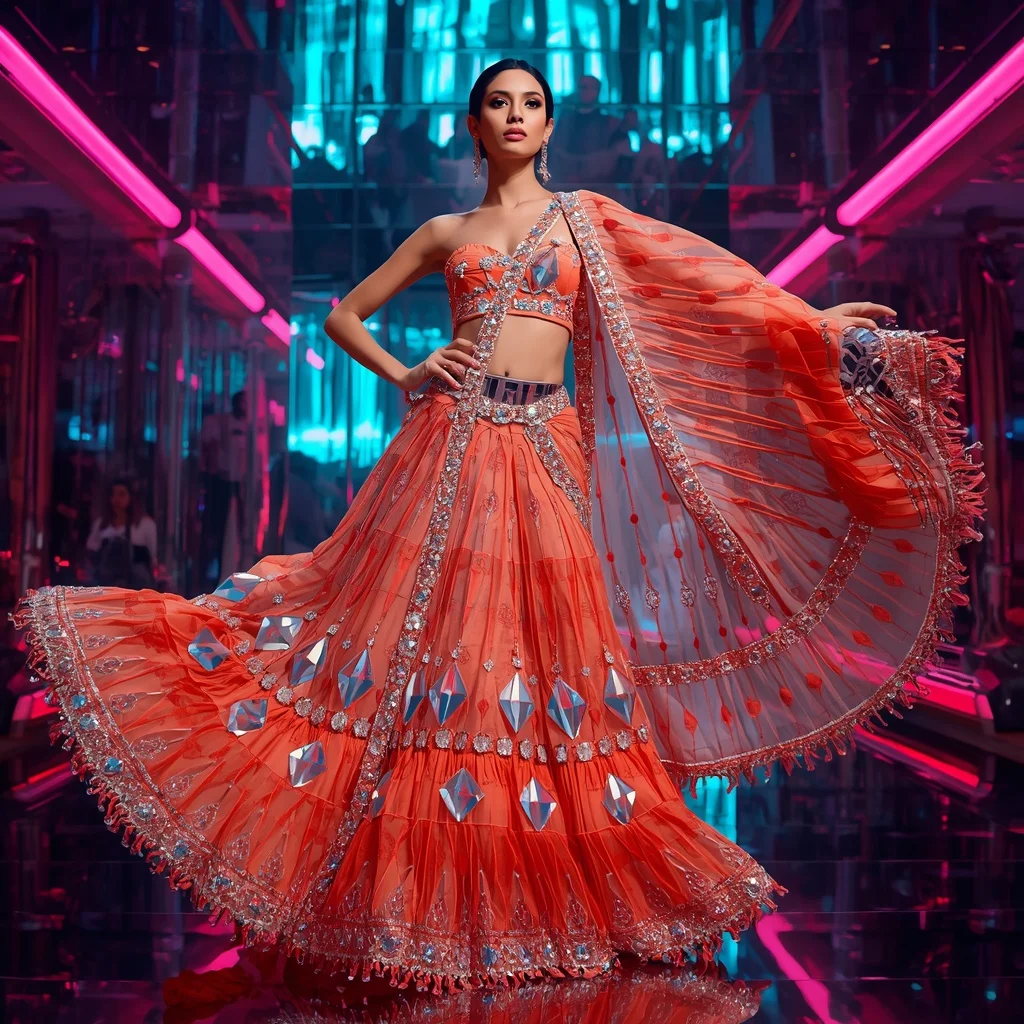 Aurora Flame Crystal Saree with Floating Hologram Reflection Chamber | Indian Saree Ai Prompt