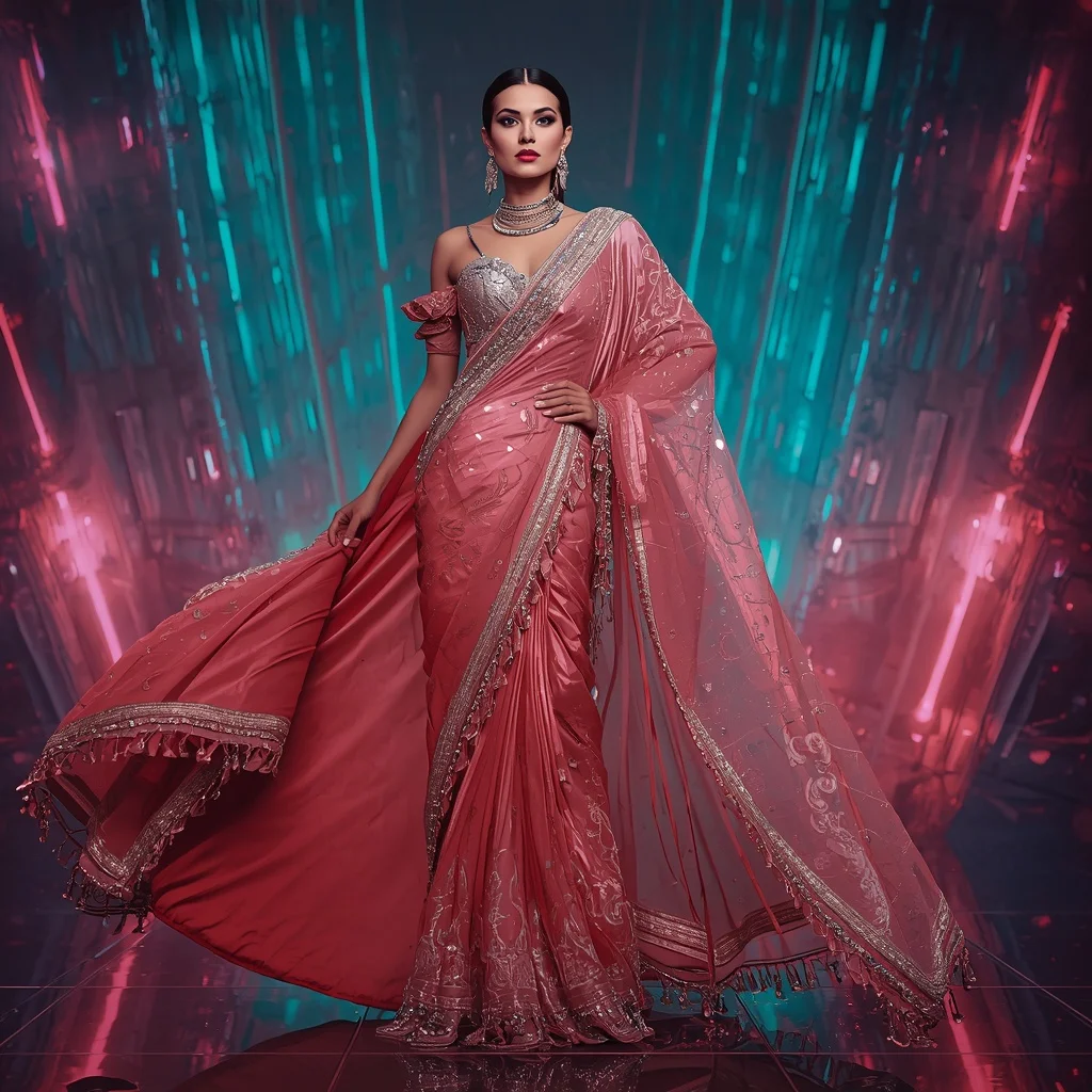 Aurora Flame Crystal Saree with Floating Hologram Reflection Observatory | Hd Image Prompt