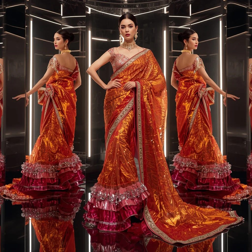 Aurora Flame Fantasy Saree with Curved Reflection Chamber | Art Ai Prompt