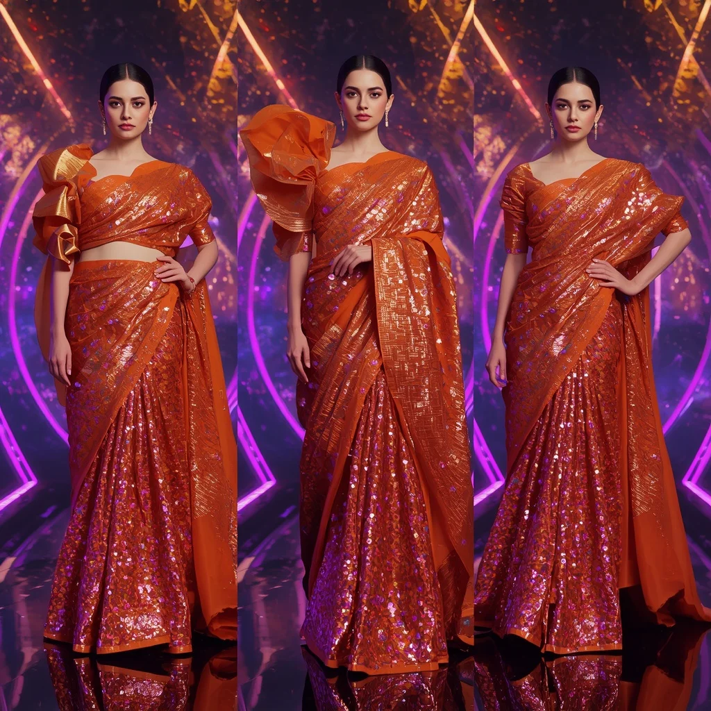 Aurora Flame Metallic Saree with Curved Neon Galaxy Hall | Ai Gemini Prompt