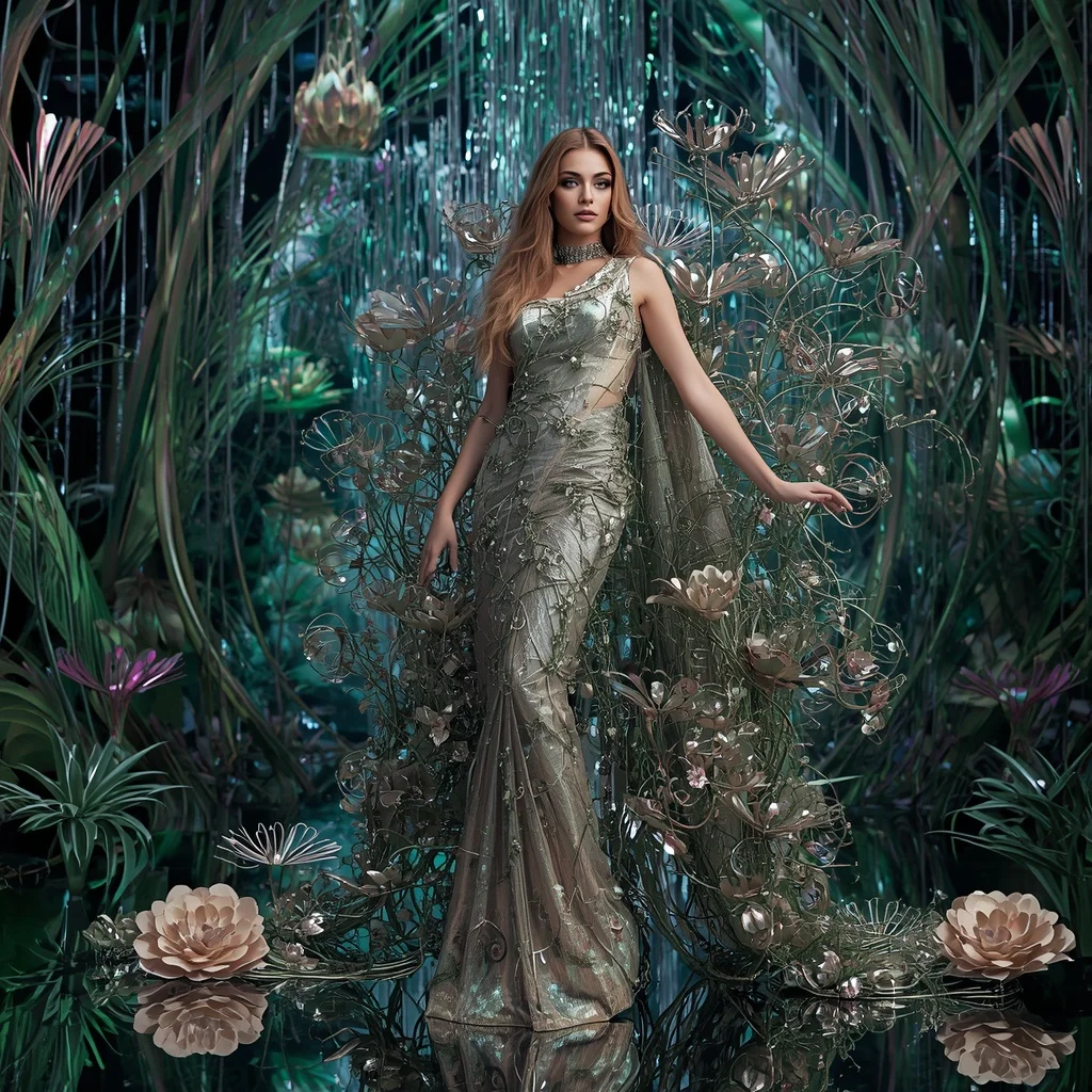 Aurora Metal Vine Dimension Saree with Chrome Forest Reality | Prompt Image