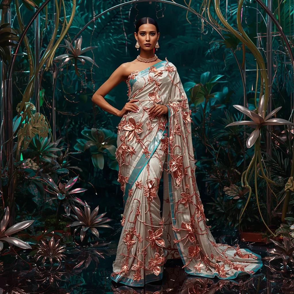 Aurora Metal Vine Saree with Living Chrome Jungle | Ideogram Ai Prompt