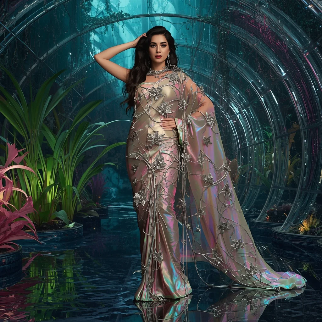 Aurora Metal Vine Silk Chrome Dimension Saree with Living Forest | Instagram Viral Photo Ai Prompt