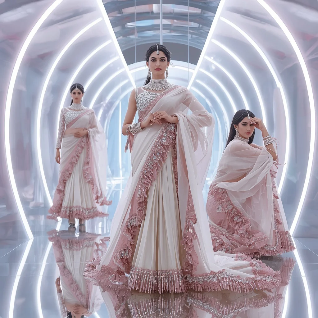 Aurora Pearl Royale Saree with Curved Halo Chamber | Viral Instagram Ai Prompt