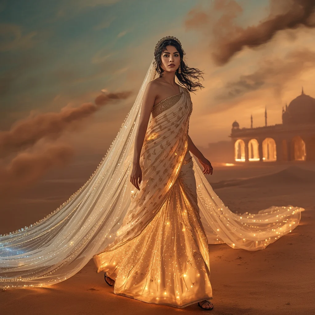 Aurora Sand Crystal Empress Saree with Shifting Desert Sky | Instagram Reel Ai Prompt