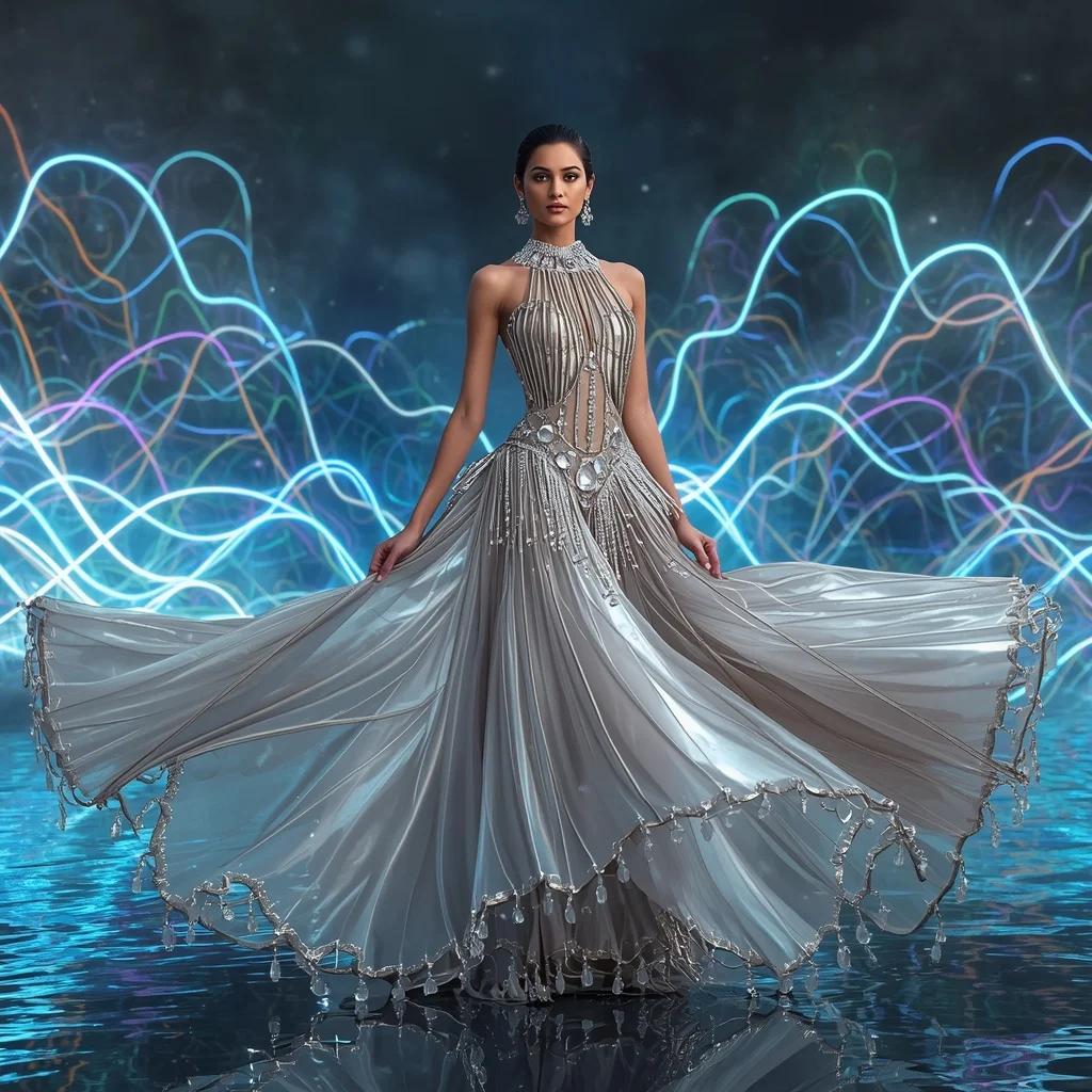 Aurora Thunder Crystal Saree with Floating Digital Neon Waves | Traditional Prompt For Gemini Ai Girl