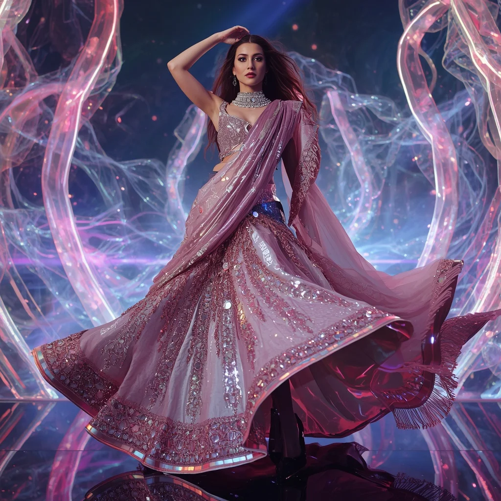 Aurora Thunder Fantasy Saree with Floating Digital Crystal Waves | Free Ai Prompt