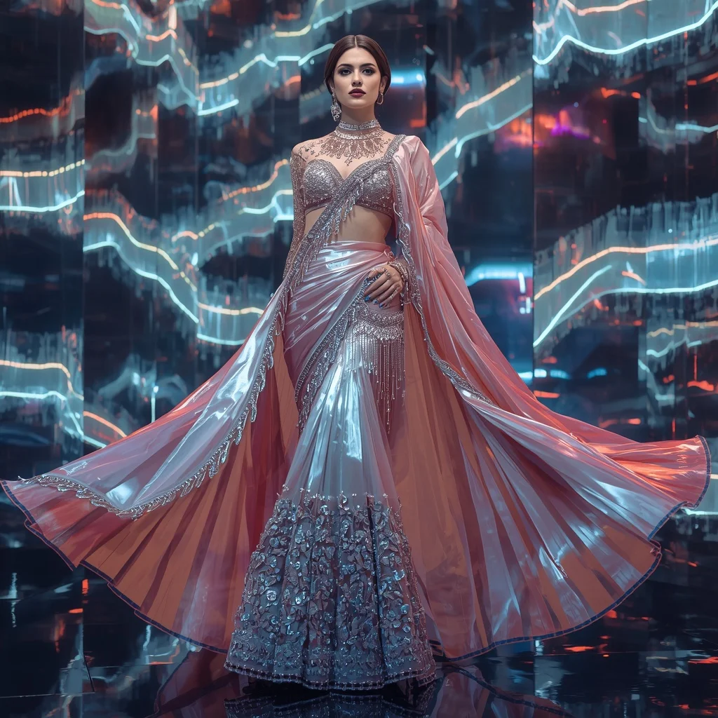 Aurora Thunder Mirage Saree with Floating Digital Neon Waves | Female Model Ai Prompt