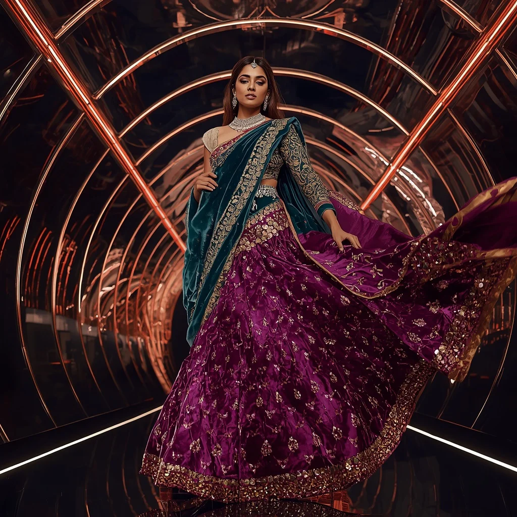 Aurora Velvet Crystal Saree with Luxury Reflection Neon Infinity Corridors | Instagram Profile Pic Ai Prompt