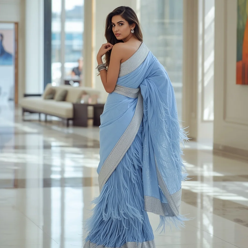 Baby Blue Feather Fringed Saree Modern Pose | Ai Girl Image Prompt