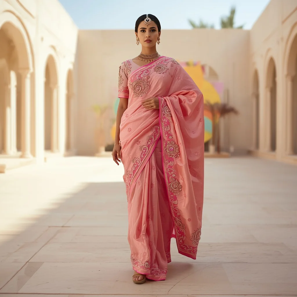 Baby Pink Liquid Metallic Heavy Detail Couture Saree | Romantic Ai Prompt