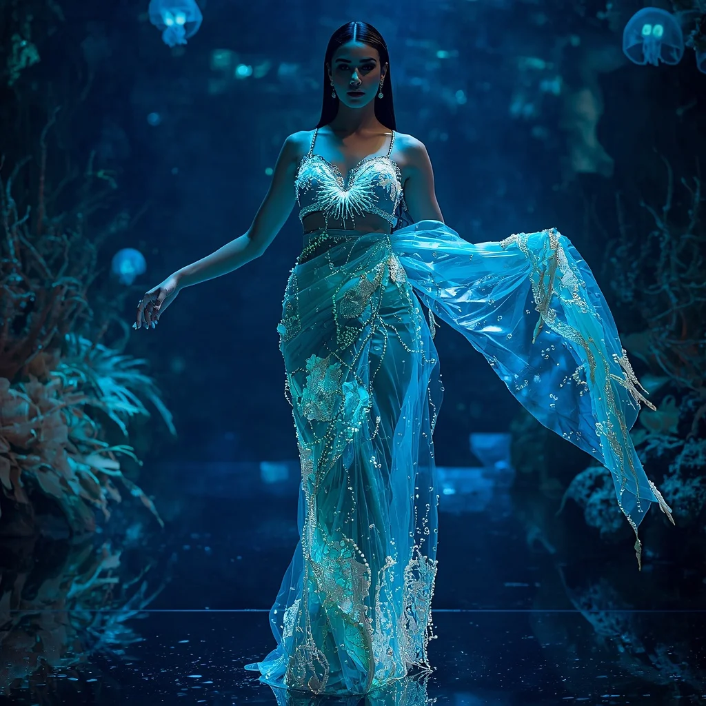 Bio-Luminescent Ocean Saree with Living Sea Light Fabric | Indian Girl Ai Prompt