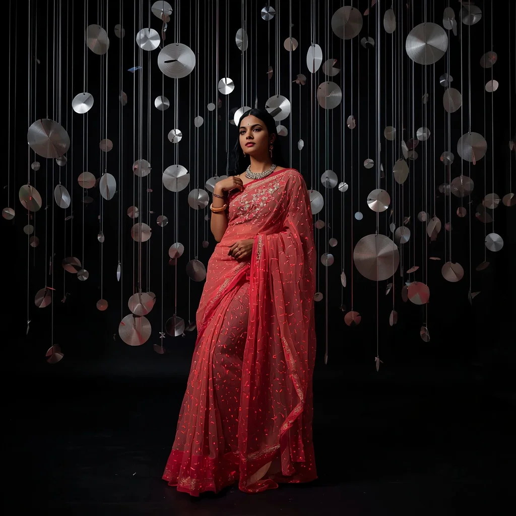 Bioluminescent Coral Net Saree – Geometric Lean with Suspended Silver Discs | Prompt For Gemini AI Girl Style Trending Indian