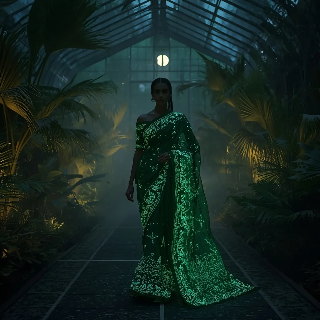 Bioluminescent Emerald Thread Saree in a Botanical Glasshouse | Gemini Ai Saree Prompt