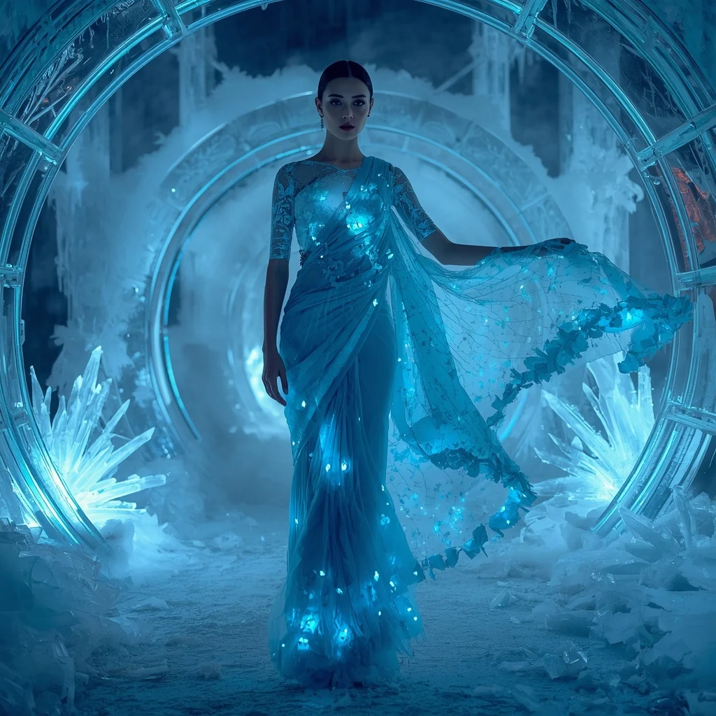 Bioluminescent Ice Garden Saree with Frozen Neon Flora | Prompt For Gemini