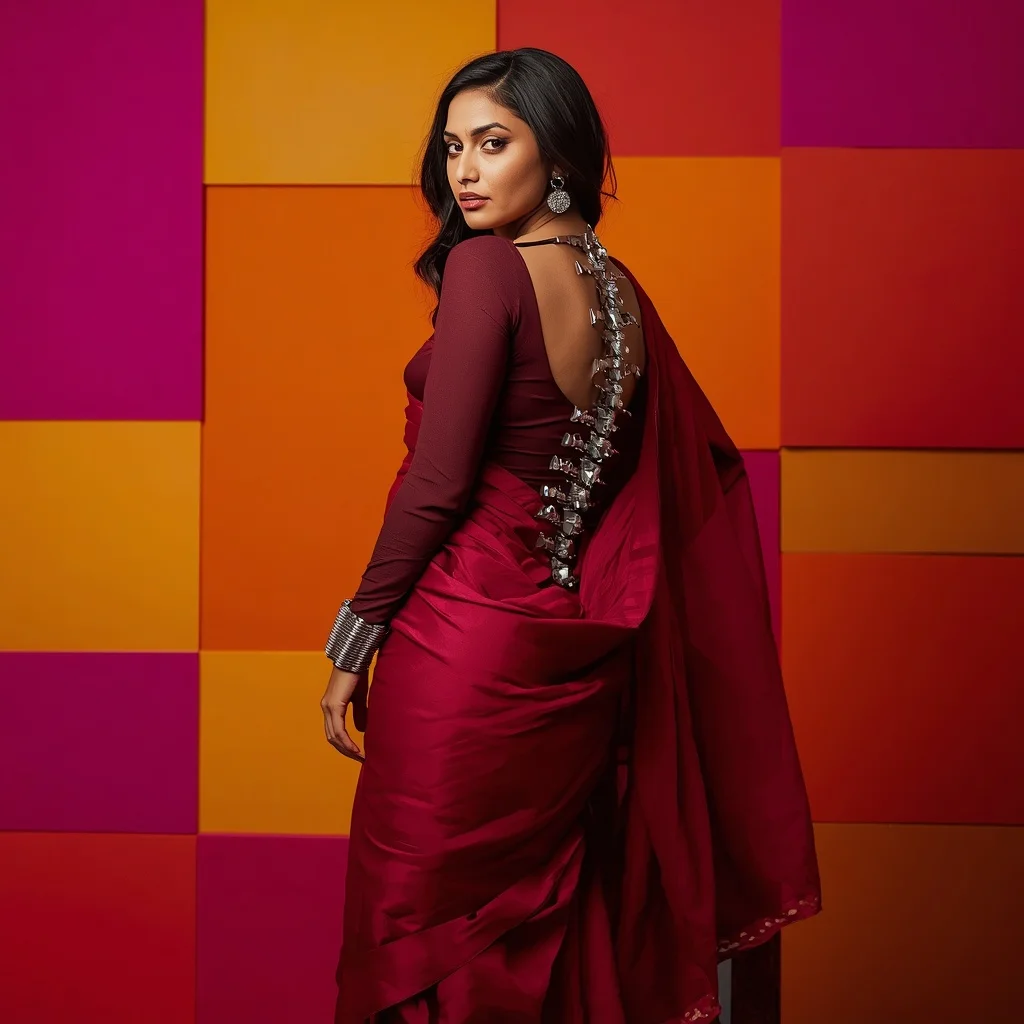 Biomechanical Silver Spine And Heavy Georgette Saree Fusion | Bridal Ai Prompt