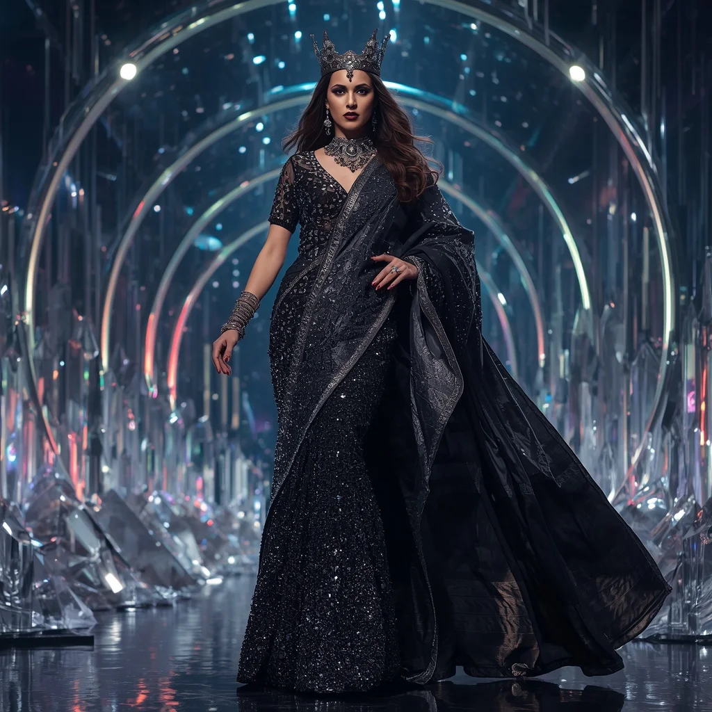 Black Diamond Imperial Crown Saree with Infinity Prism Crystal Celestial Palace | Gemini Saree Prompt For Women