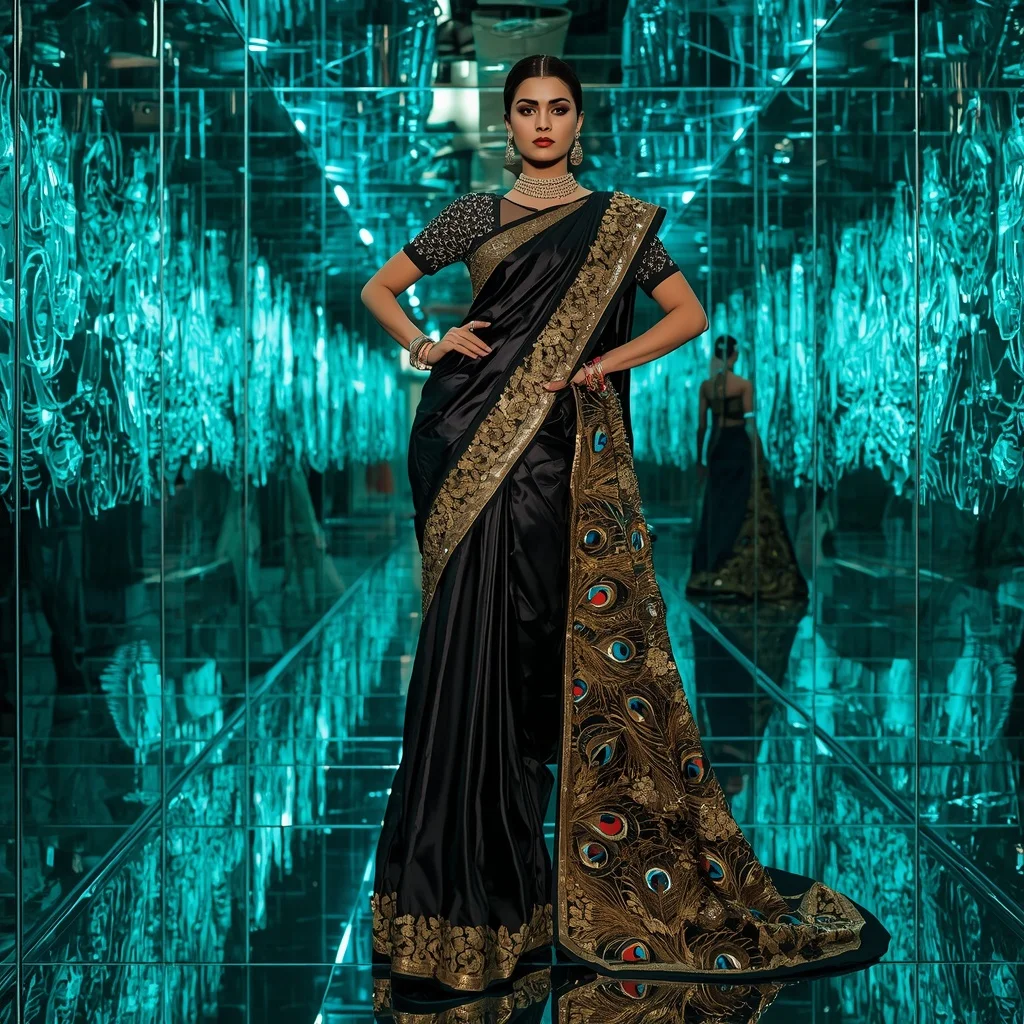 Black Gold Peacock Saree – Futuristic Party Saree with Fashion Walk Pose and Neon Peacock Reflection Chamber Background | Ideogram Ai Prompt