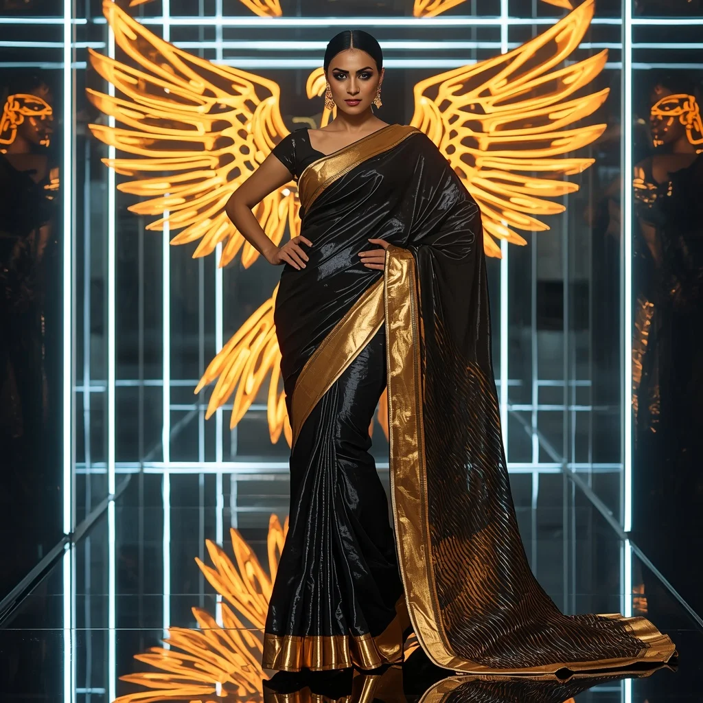 Black Gold Phoenix Saree – Futuristic Party Saree with Fashion Walk Pose and Neon Phoenix Reflection Chamber Background | Korean Ai Prompt