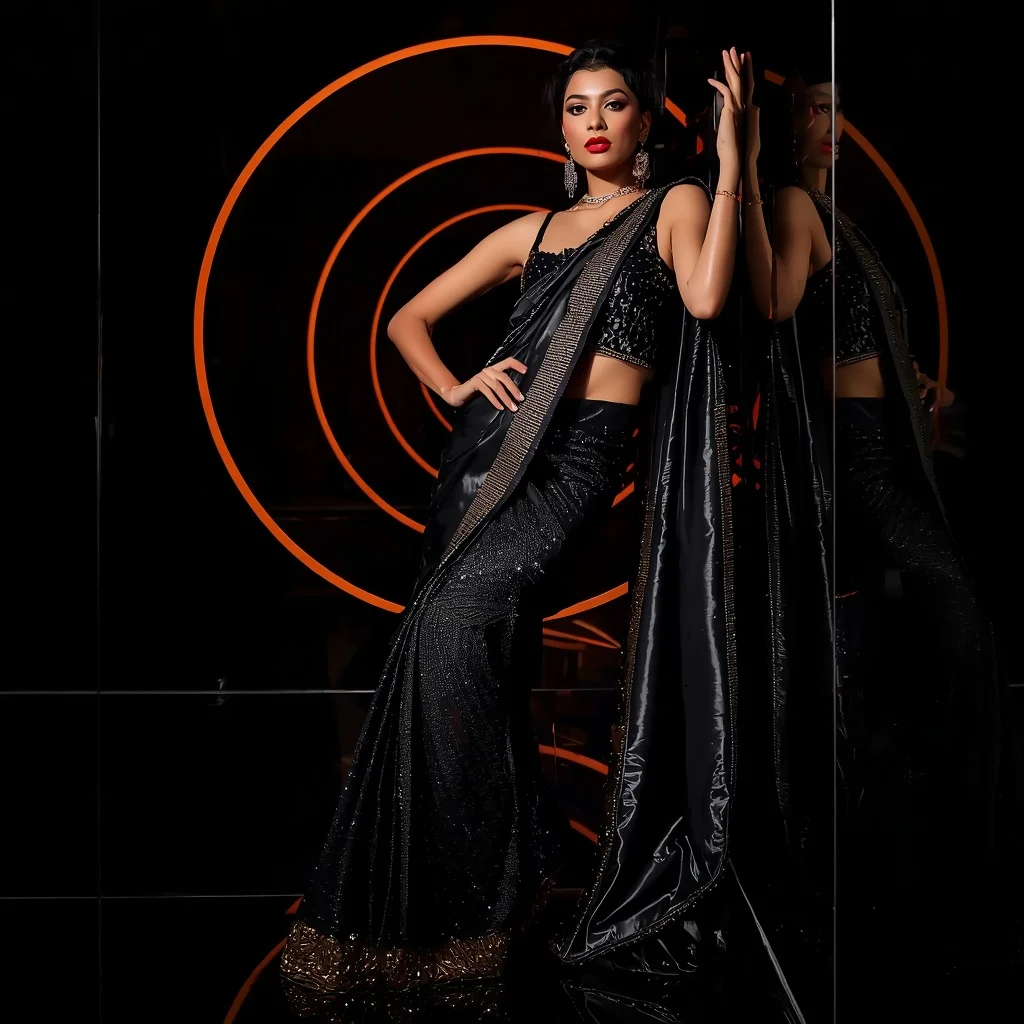 Black Prism Eclipse Saree – Ultra Modern Party Saree with Wall Pose and Eclipse Prism Tunnel Background | Ai Photo Editing Prompt