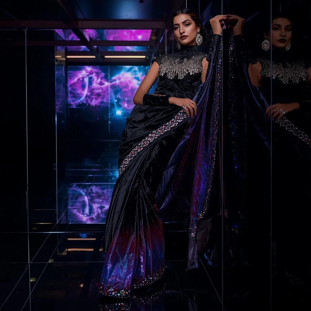 Black Prism Nebula Saree – Ultra Modern Party Saree with Wall Pose and Nebula Prism Tunnel Background | Traditional Prompt For Gemini Ai Girl Instagram