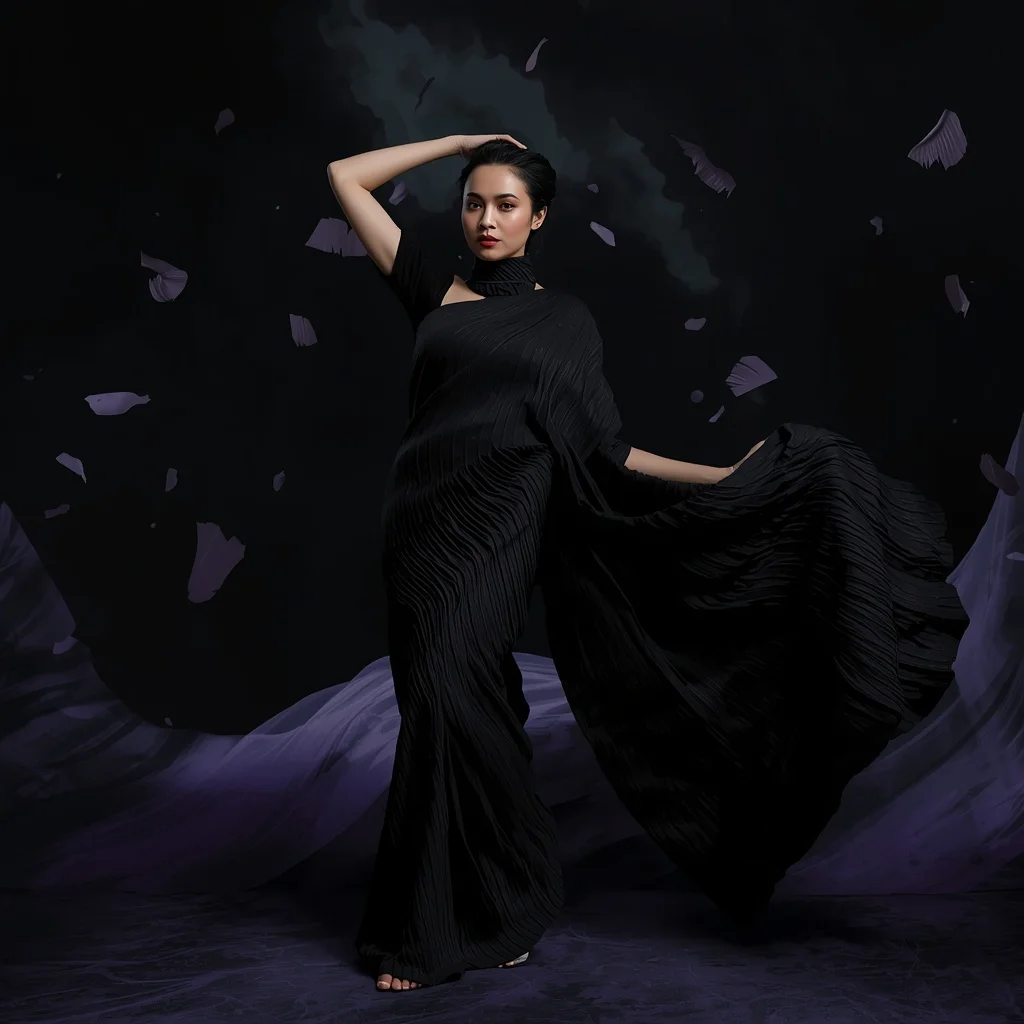 Black Void Silk Ripple Saree with Infinite Shadow Field | Fantasy Ai Prompt
