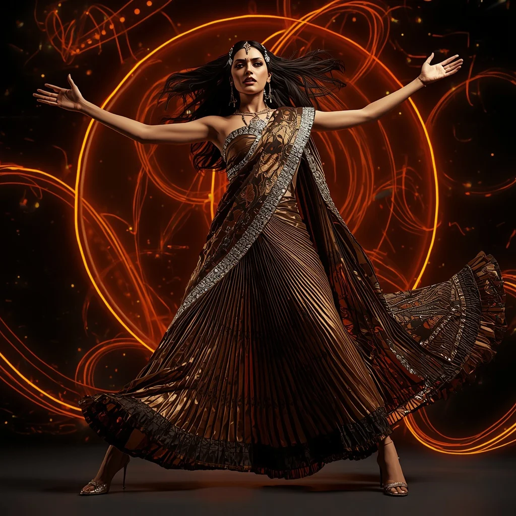 Bronze Eclipse Quantum Saree with Floating Helix Neon Universes | Prompt Ai For Girl Aesthetic