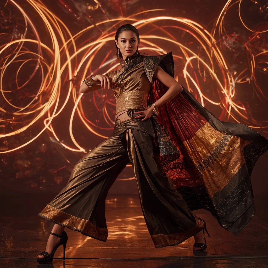 Bronze Eclipse Quantum Saree with Floating Helix Neon Worlds | Prompt Seen Trending Girl AI Photo