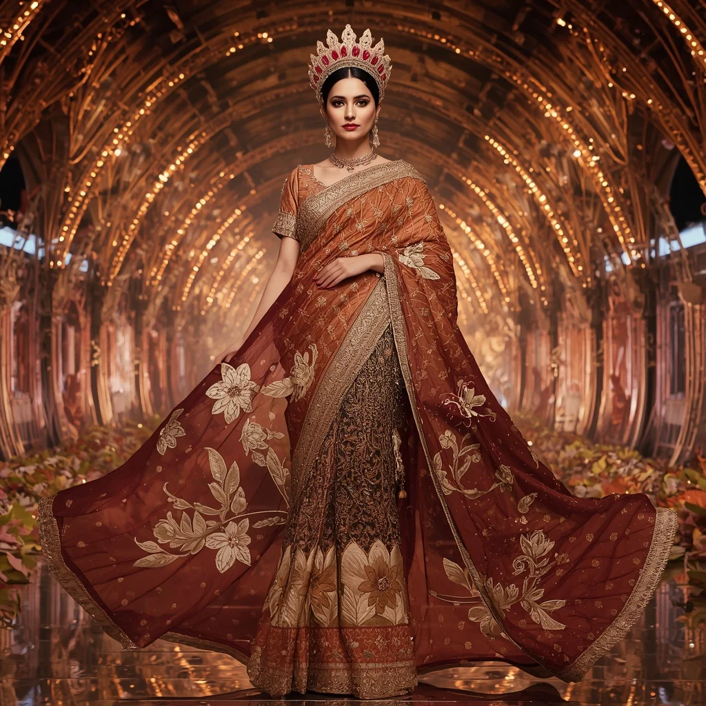 Bronze Lotus Crown Saree with Regal Bloom Crystal Hyperpavilion | Trending Prompt Girls Instagram