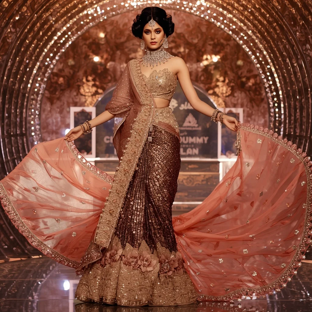 Bronze Lotus Empress Saree with Regal Bloom Crystal Hyperpavilion | Anime Ai Prompt