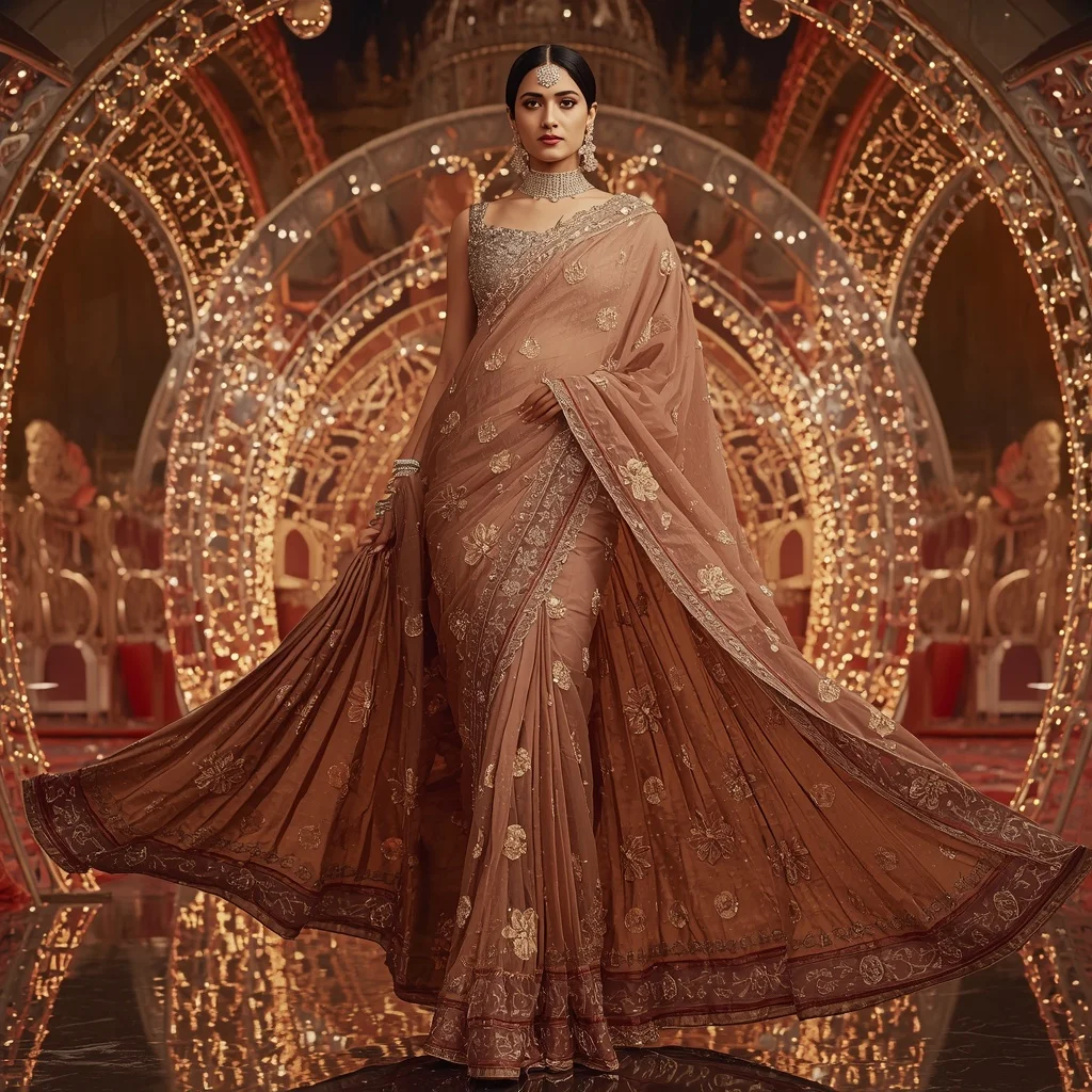 Bronze Lotus Imperial Saree with Regal Bloom Crystal Hyperpavilion | Girl Prompt