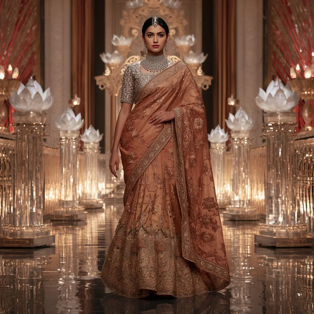 Bronze Lotus Royal Saree with Crystal Bloom Cathedrals and Fountain Empire Palace | Prompt For Gemini AI Girl Trending