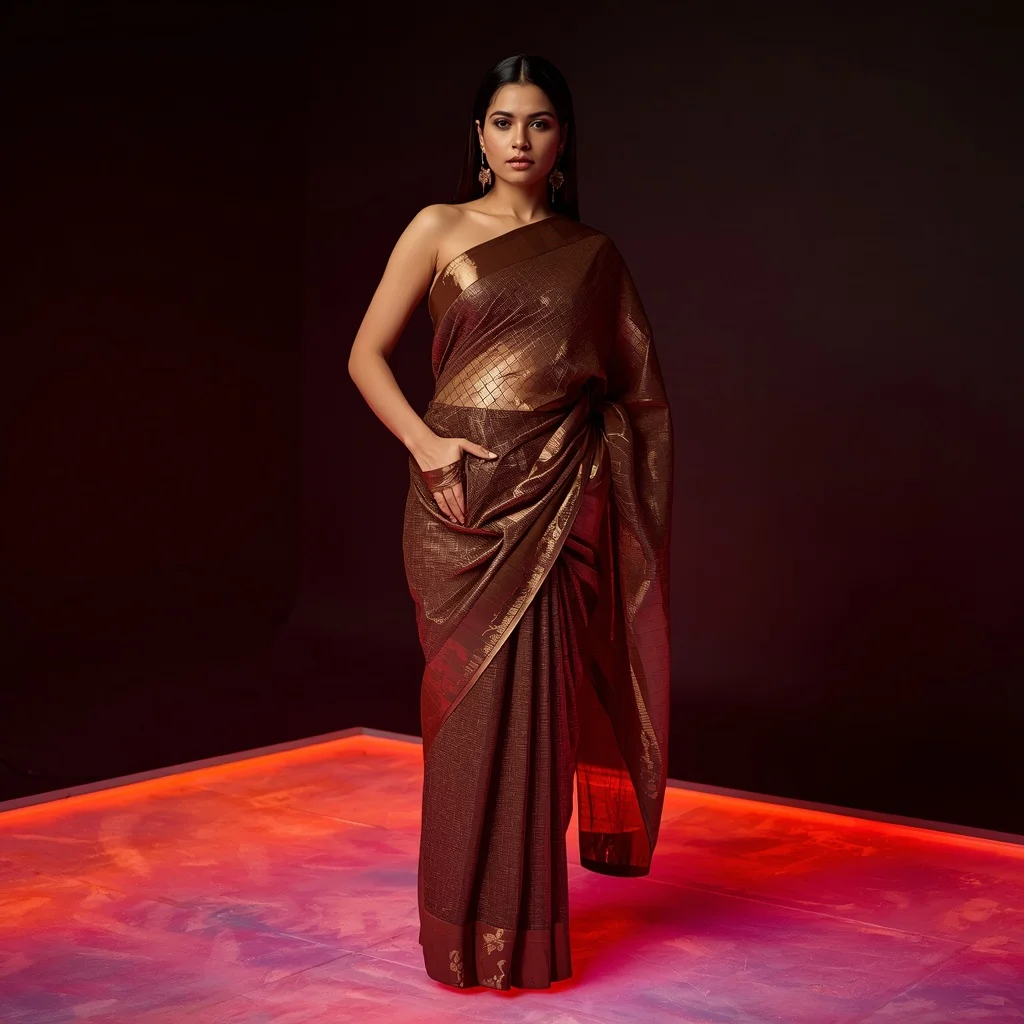 Bronze Metallic Mesh Saree – Hands-in-Pockets Pose with Glowing Neon Floor | Gemini Ai Prompt Copy Paste