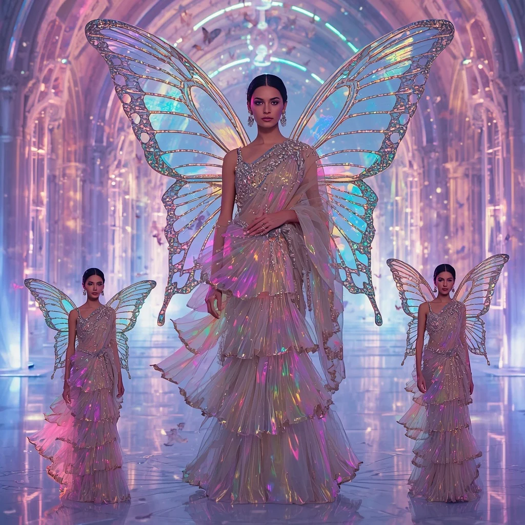 Celestial Butterfly Goddess Saree Couture with Multiple Editorial Poses and Aurora Palace Background | Prompt Ai