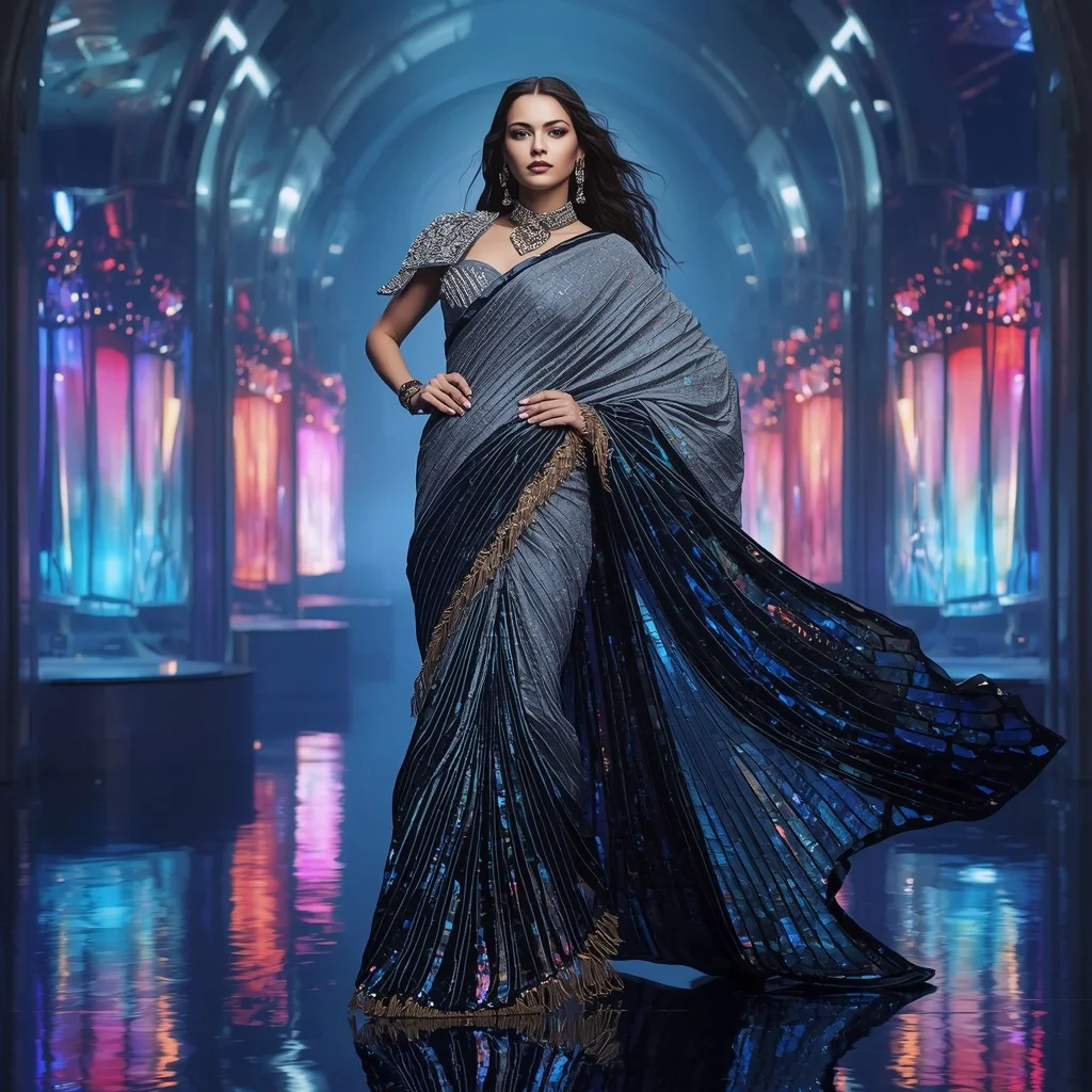 Celestial Chrome Storm Saree with Floating Neon Prism Thrones | Prompt Generator