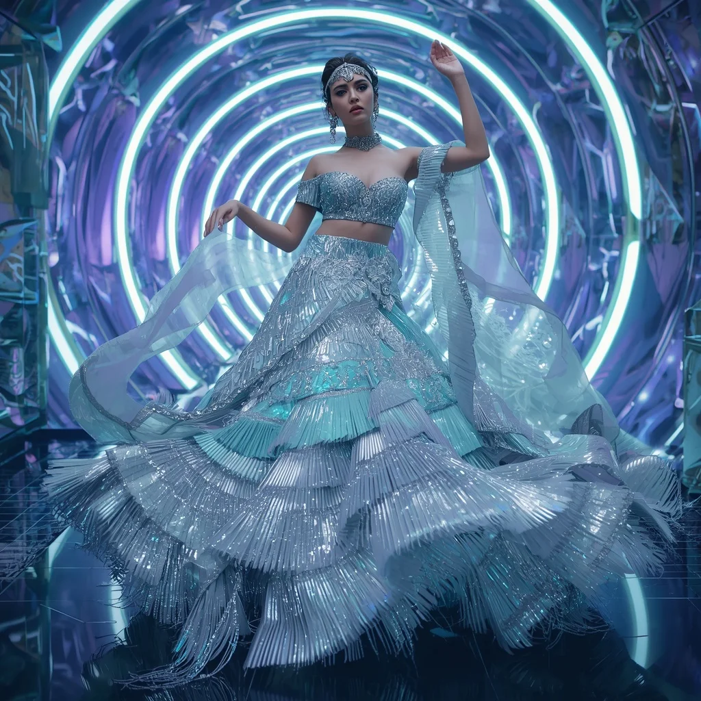 Celestial Diamond Metallic Saree with Floating Neon Reflection Orbit Passageways | New Design Ai Prompt