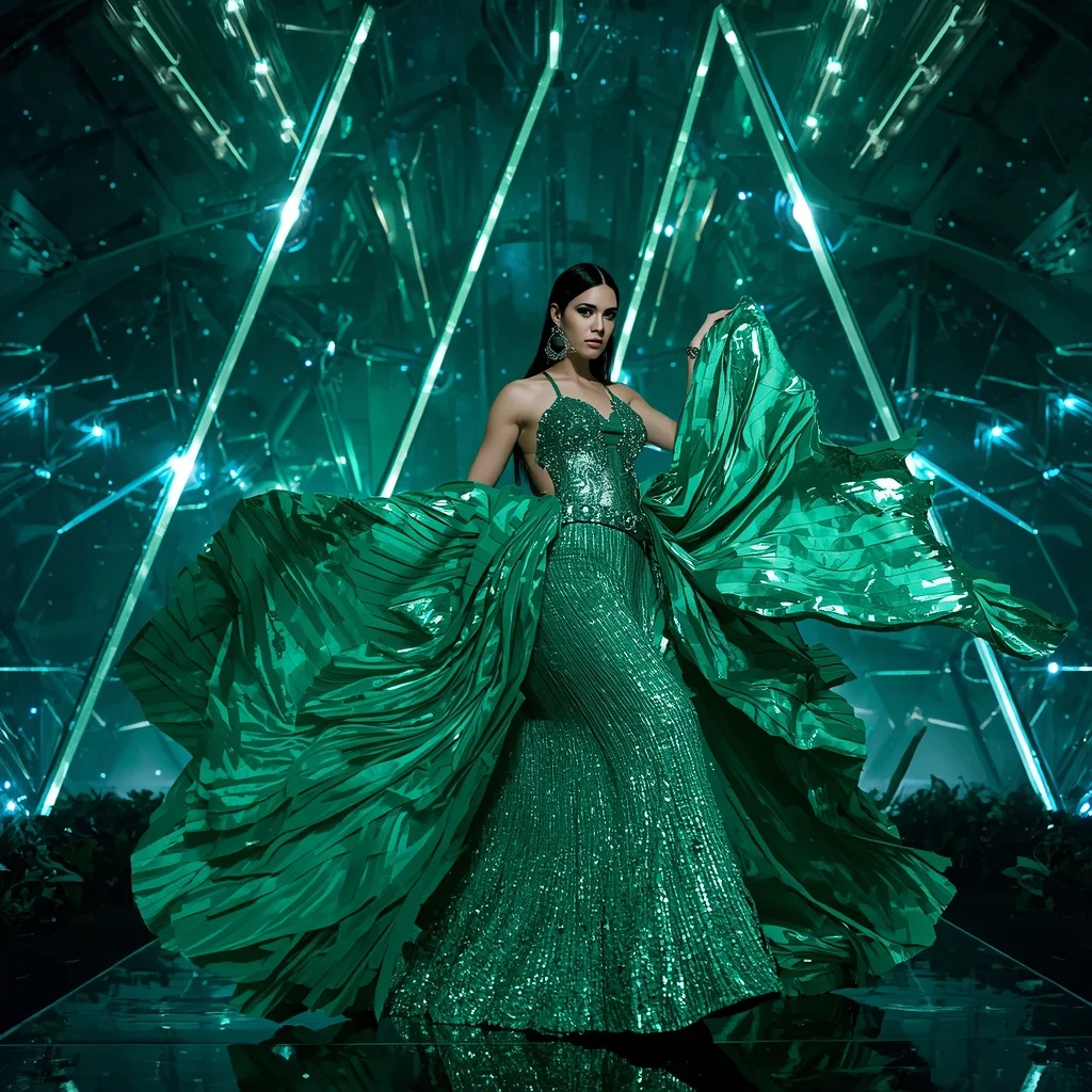 Celestial Emerald Mirage Saree with Floating Neon Infinity Crowns | Instagram Model Ai Prompt
