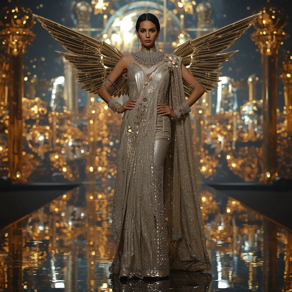 Celestial Hypernova Singularity Apex Runway Infinity Armor Saree with Quantum Hyperloop Sphere Engine Nexus Collapse Reactor Field | Sora Ai Prompt