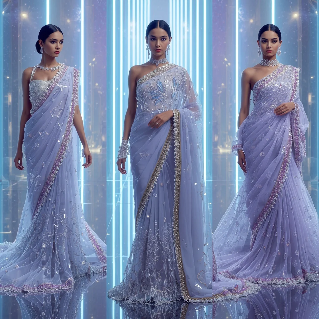 Celestial Ice Prism Saree with Neon Aurora Infinity Citadel | Instagram Highlight Cover Ai Prompt
