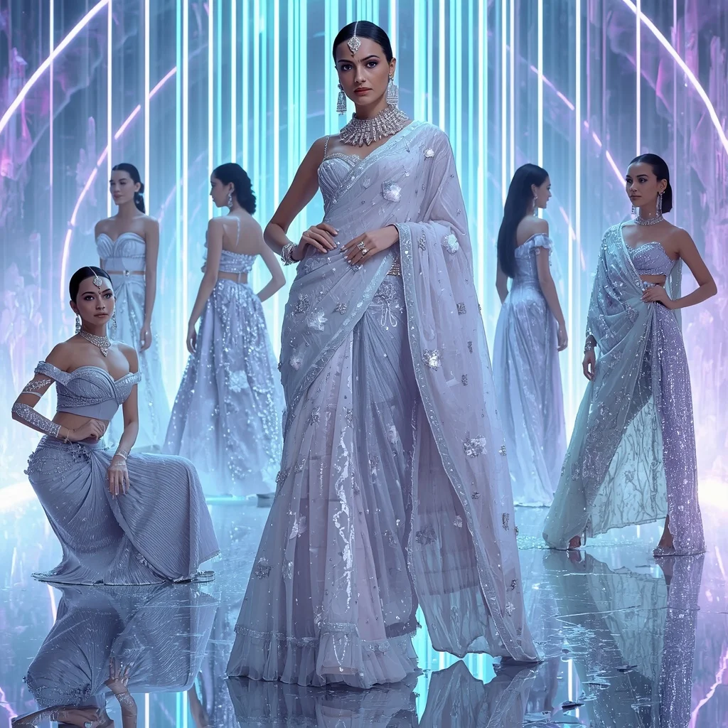 Celestial Ice Prism Saree with Neon Aurora Infinity Crystal Sanctuary | Trending Prompt Girls Instagram