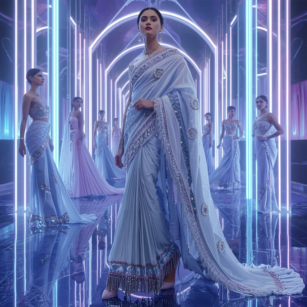 Celestial Ice Prism Saree with Neon Aurora Orbit Temple | Instagram Story Ai Prompt