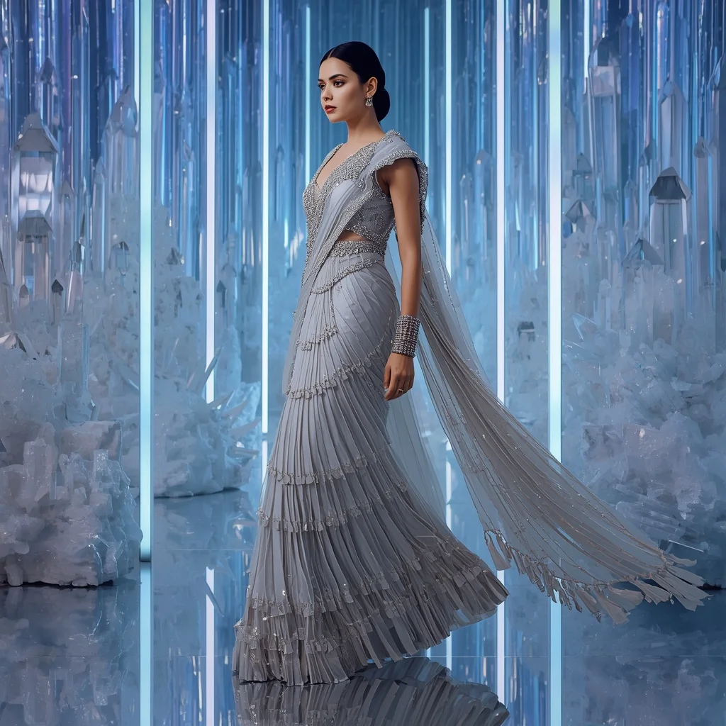 Celestial Moonstone Prism Saree with Infinity Crystal Kingdom | Modern Design Ai Prompt