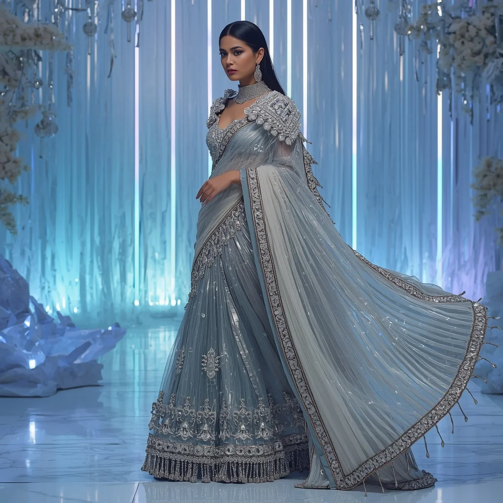 Celestial Moonstone Prism Saree with Infinity Crystal Sanctuary | Stable Diffusion Prompt