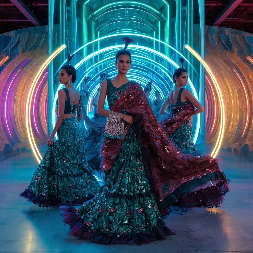 Celestial Peacock Saree with Multi Pose Fashion Story and Neon Rings | Saree Selfie Ai Prompt